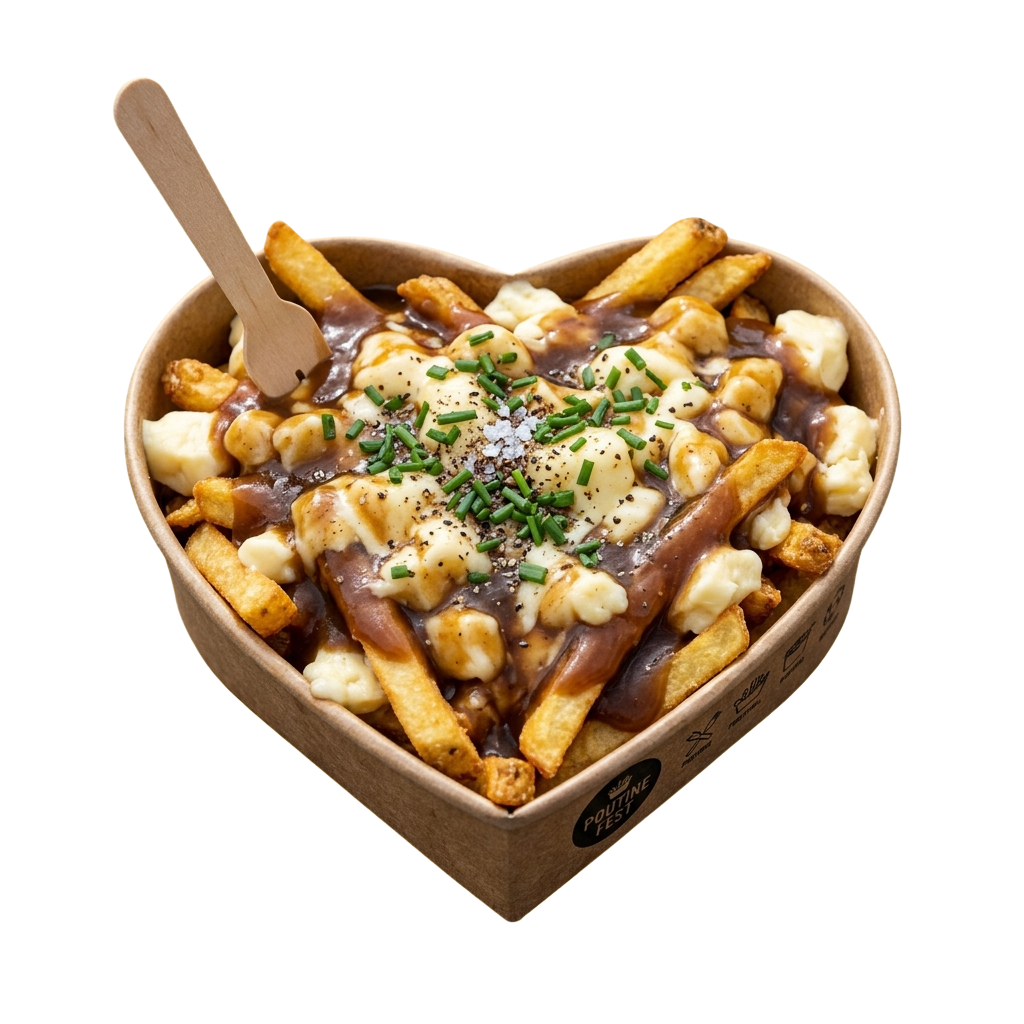 Heart-shaped container filled with pulled pork poutine topped with cheese curds, gravy, and chopped chives