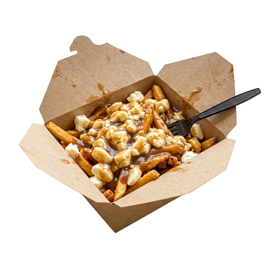Cardboard container filled with baked beans and French fries, served with a plastic fork