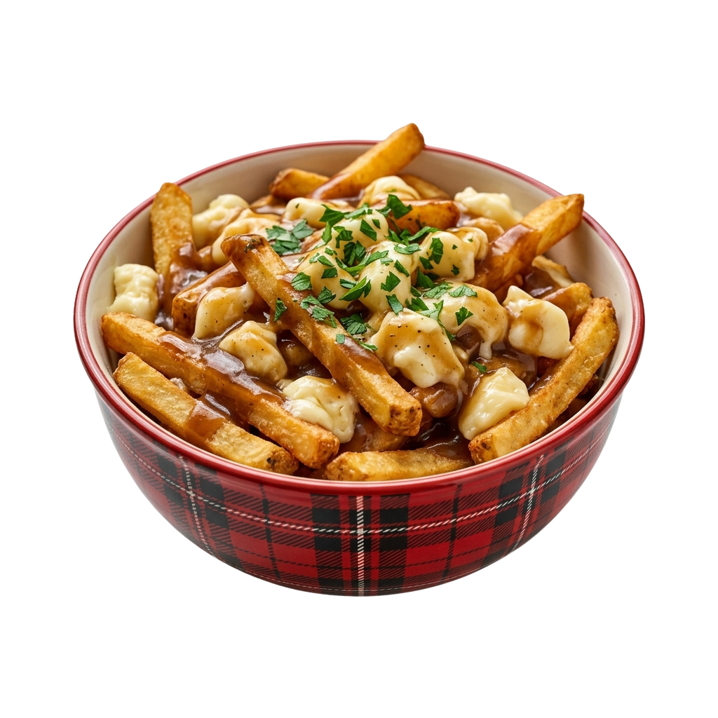 A bowl of golden fries topped with melted cheese, onions, and parsley garnish