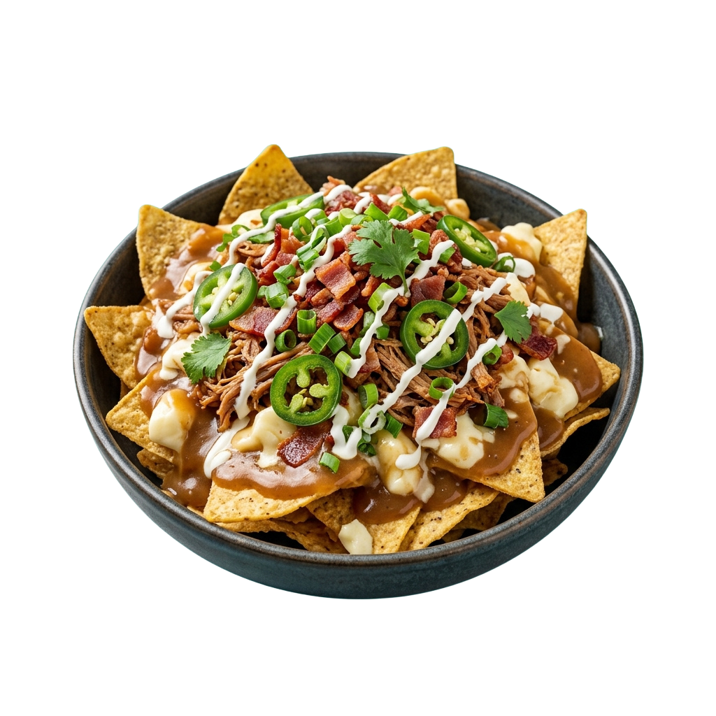 A plate of nachos topped with pulled pork, cheese, bacon bits, green onions, cilantro, and drizzled with BBQ sauce and sour cream