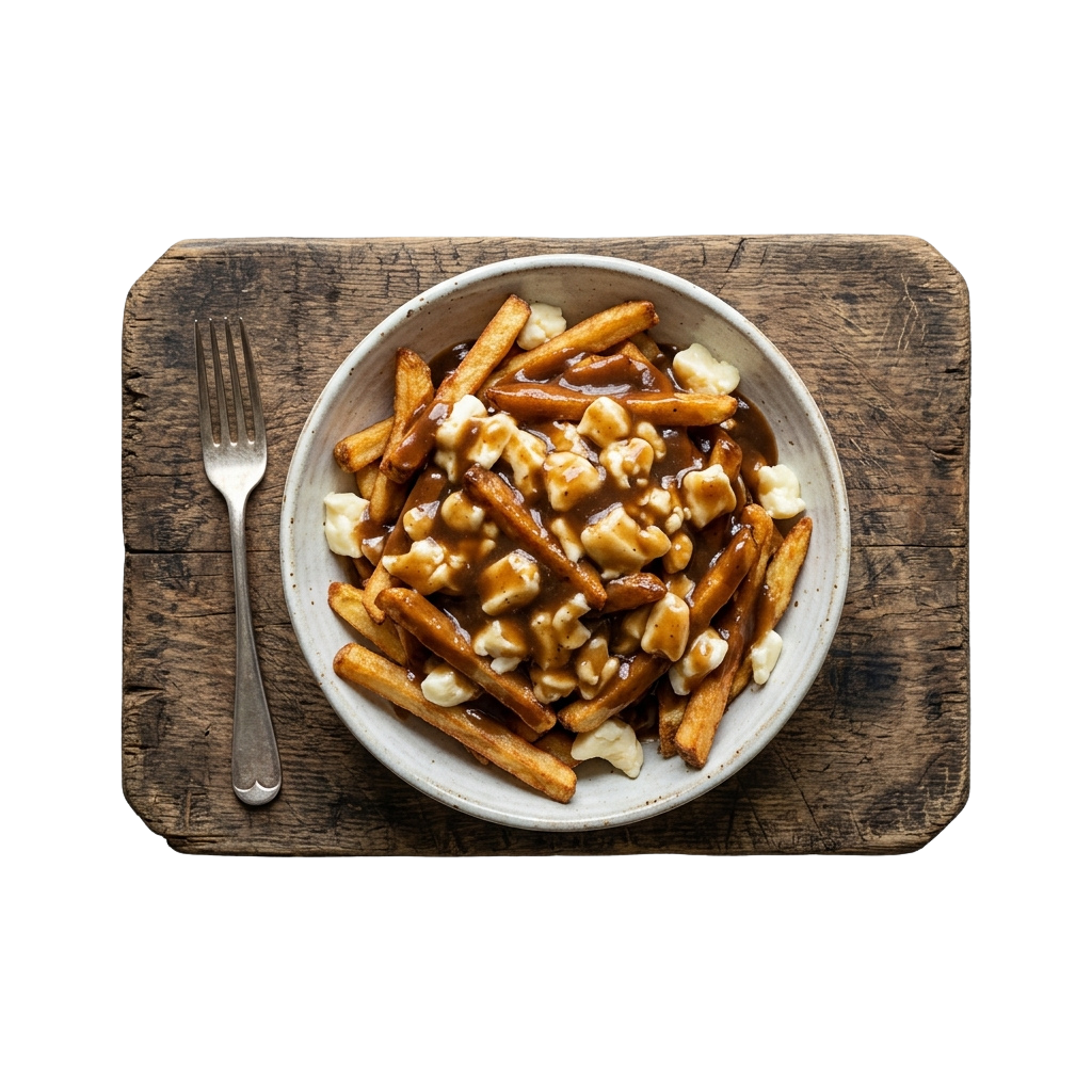 A plate of cheesy beef and potato fries on a wooden board with a fork.