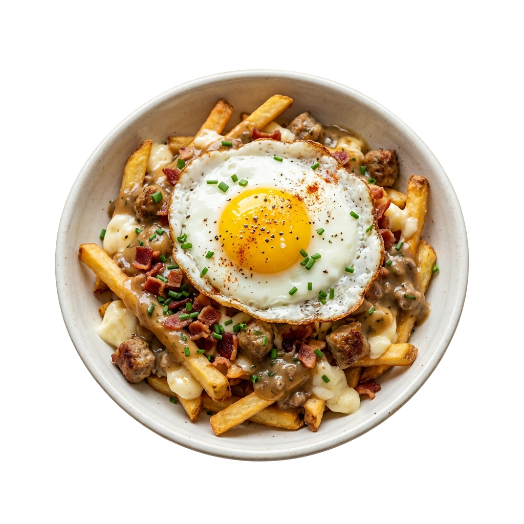 A plate of breakfast poutine featuring golden fries, sausage, bacon, cheese curds, and a fried egg topped with chopped chives.