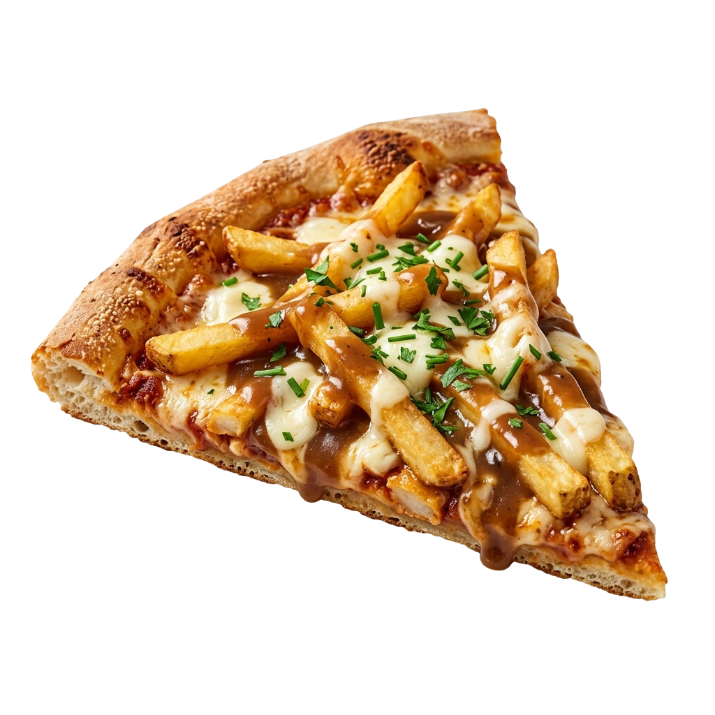 A slice of pizza topped with cheese, fries, and chopped green onions on a rustic crust