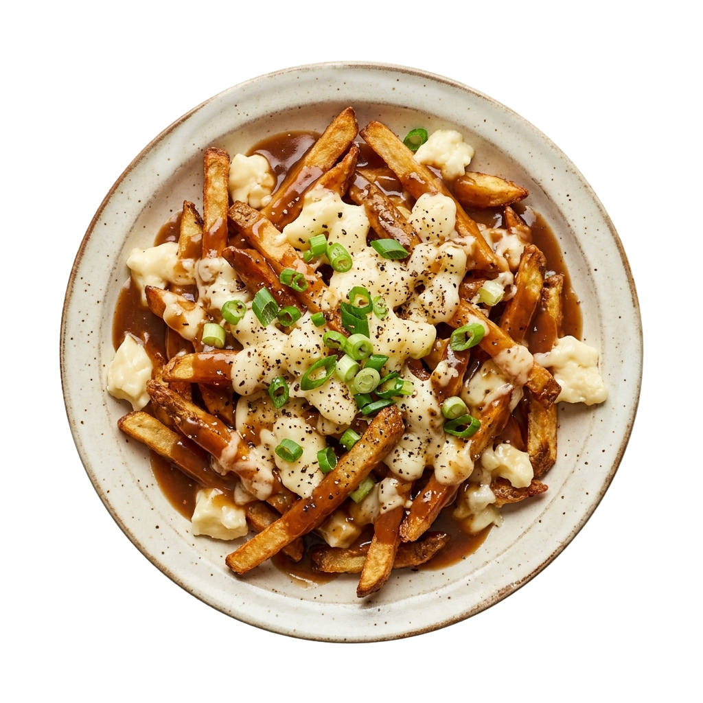 A plate of cheesy loaded fries topped with sauce, cheese, and chopped green onions