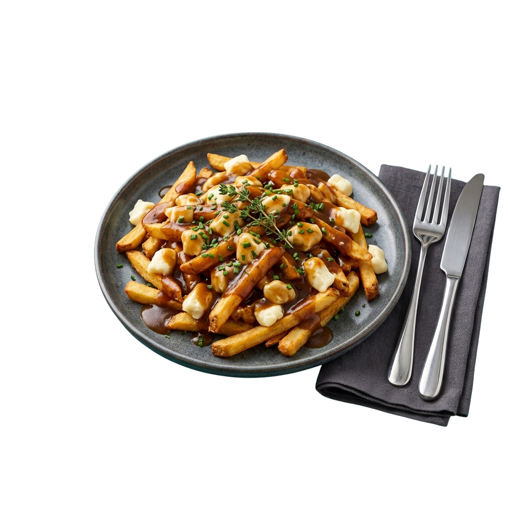 A plate of golden fries topped with sautéed mushrooms and brown gravy, garnished with parsley, served with a fork and knife.