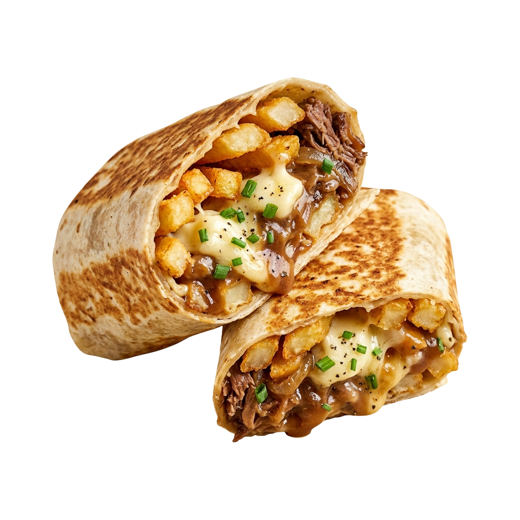 A close-up of a beef quesadilla wrap filled with cheese, diced potatoes, and chives on a flatbread.