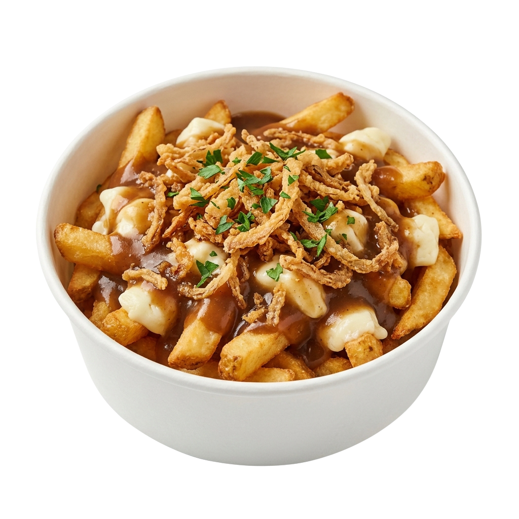 Bowl of hearty beef stew topped with crispy fried onions and parsley, served with golden fries.