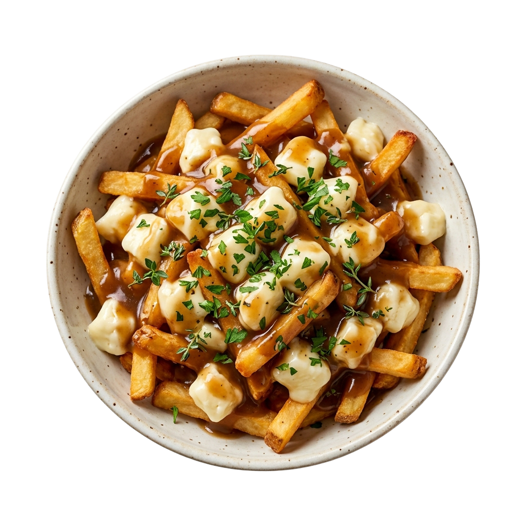 A bowl of poutine featuring golden fries, cheese curds, and brown gravy topped with parsley garnish