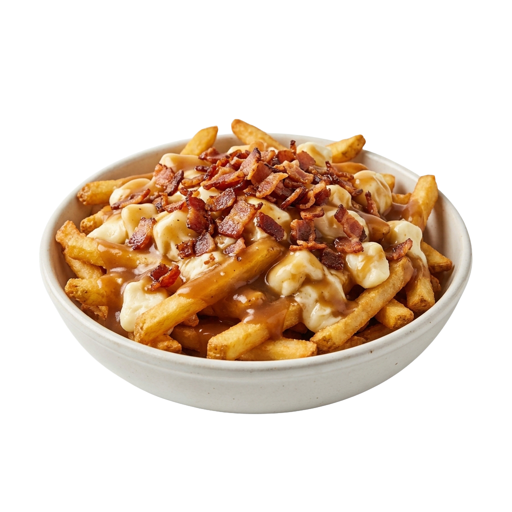 A white bowl filled with golden fries topped with melted cheese and crumbled bacon