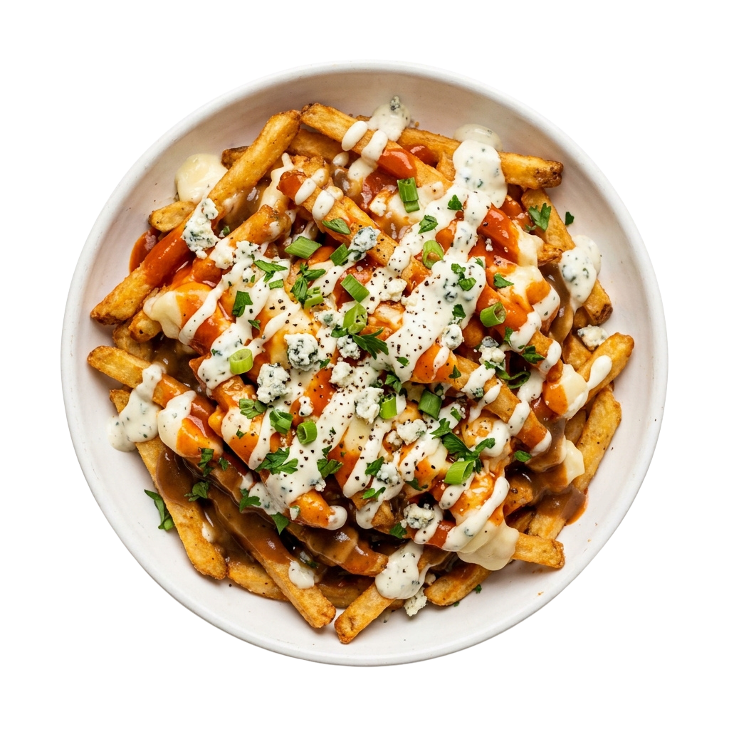 A plate of loaded cheese fries topped with caramelized onions, sour cream, and chopped green onions