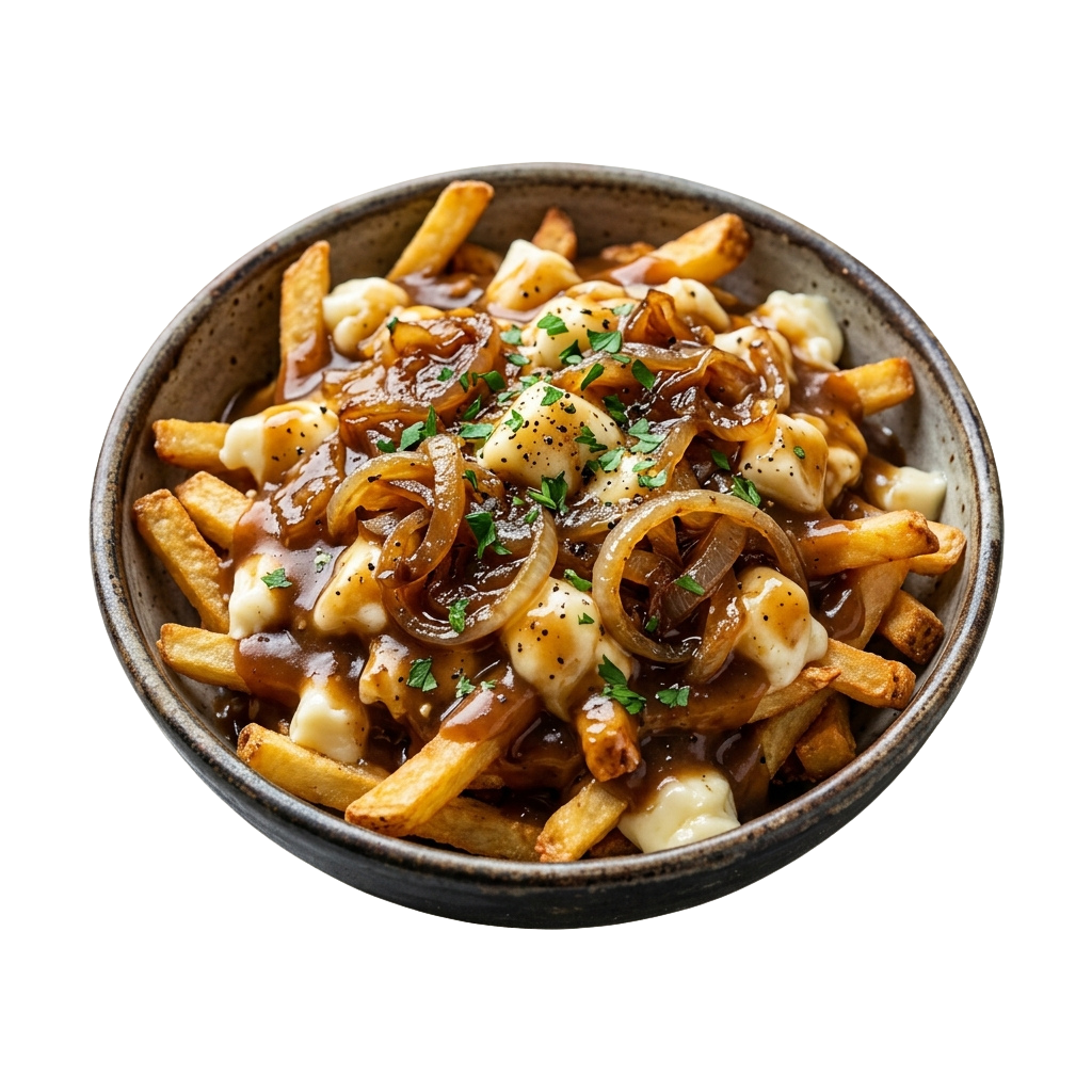 A bowl of poutine topped with rich brown gravy, caramelized onions, and melted cheese curds