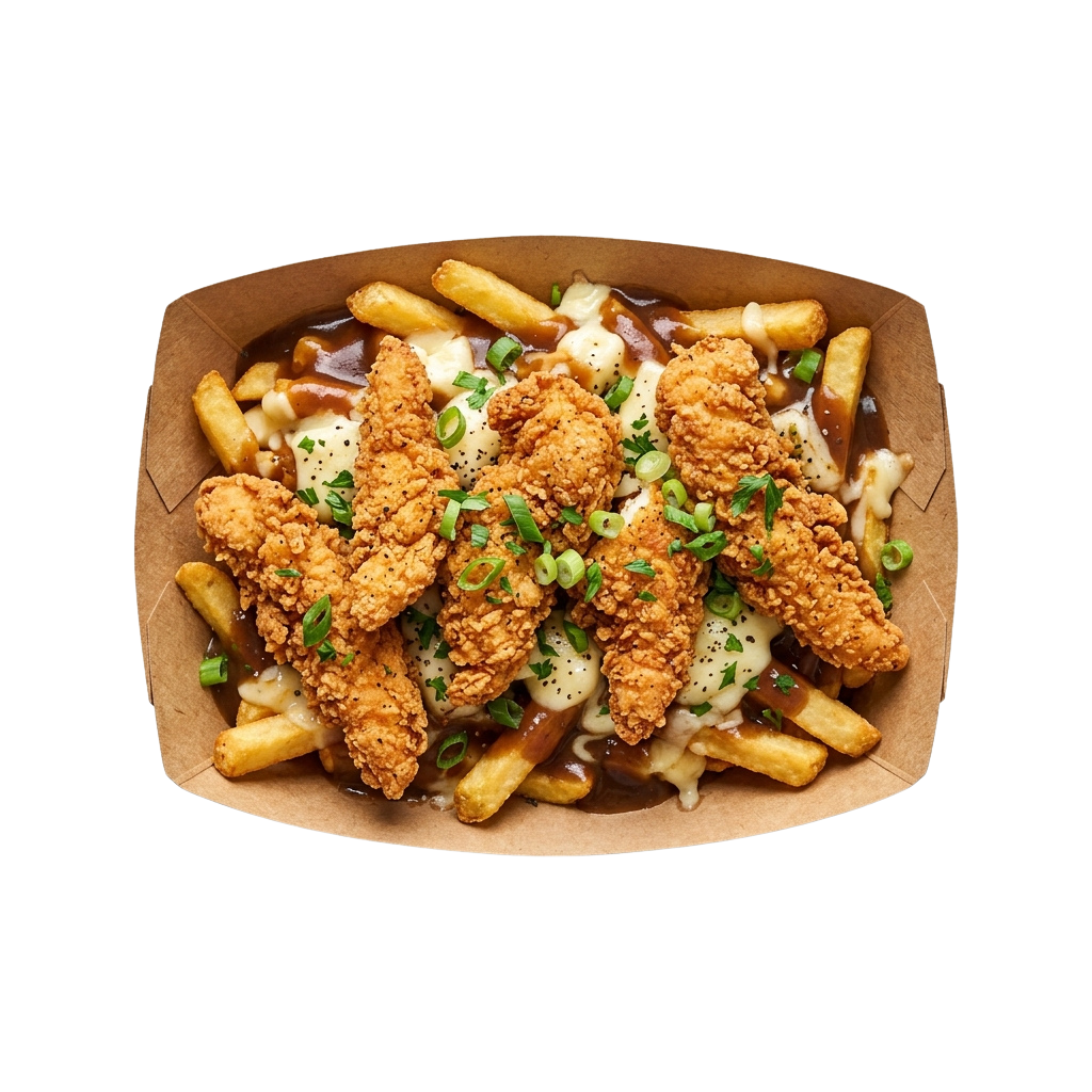 A cardboard box filled with golden fried chicken tenders and cheesy fries topped with green onions