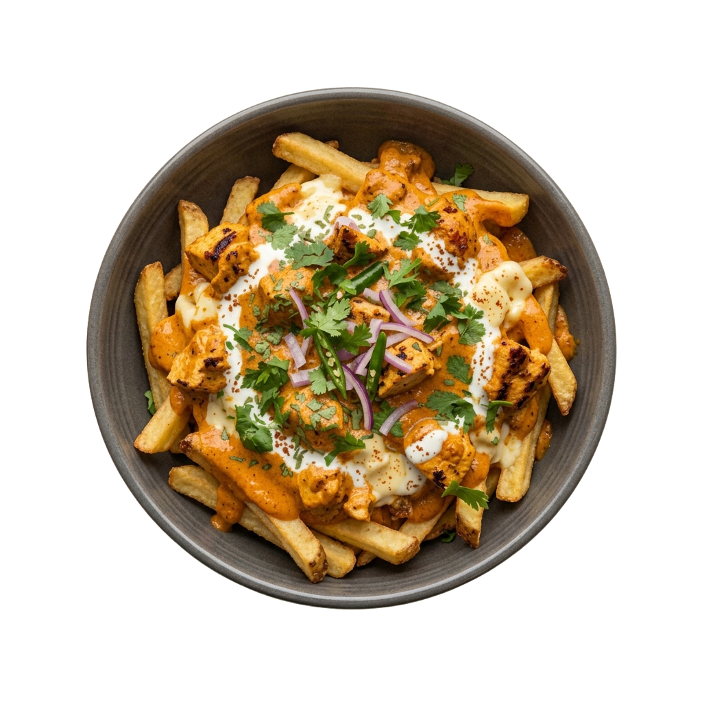 A bowl of golden fried chicken pieces and fries topped with white sauce, chopped cilantro, and red onions
