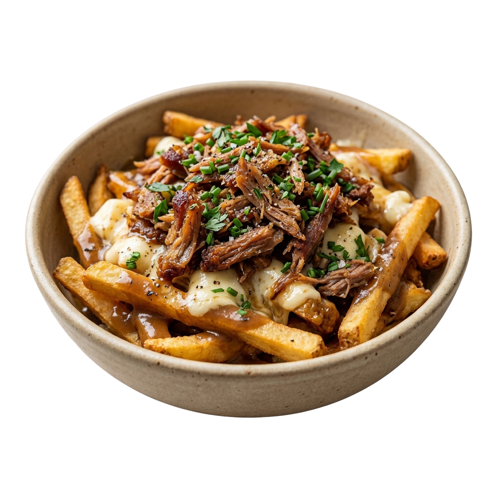 Bowl of golden fries topped with shredded pulled pork, melted cheese, and chopped chives