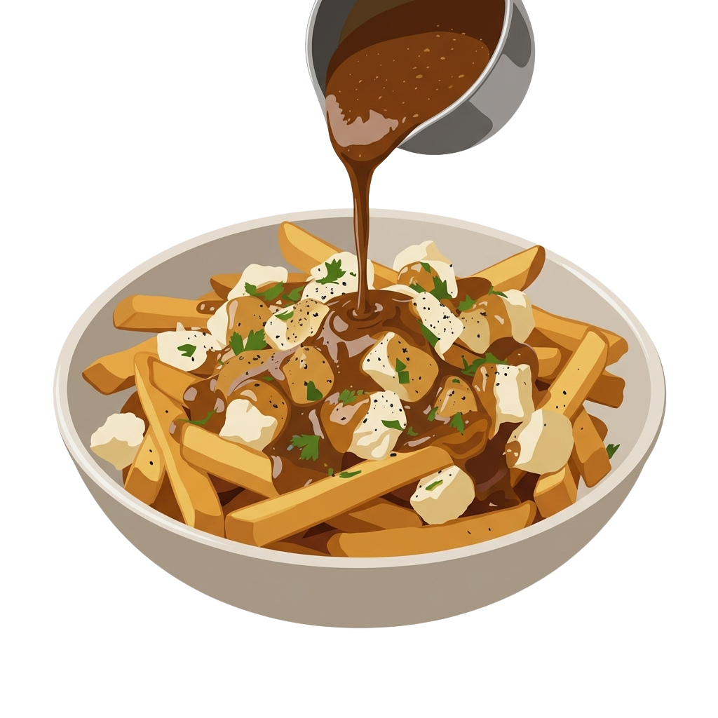 Illustration of penne pasta in meat sauce topped with fries and parsley garnish