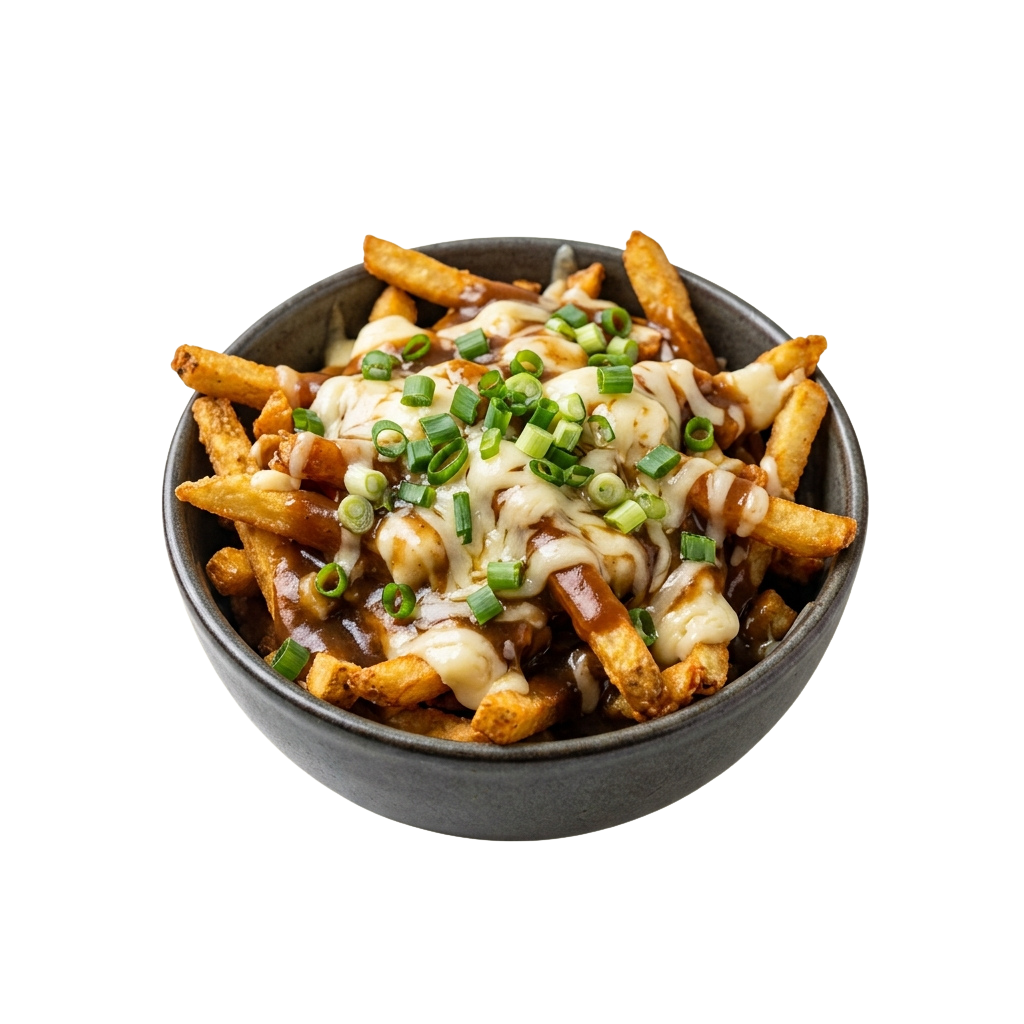 A bowl of loaded fries topped with melted cheese, bacon bits, and chopped green onions