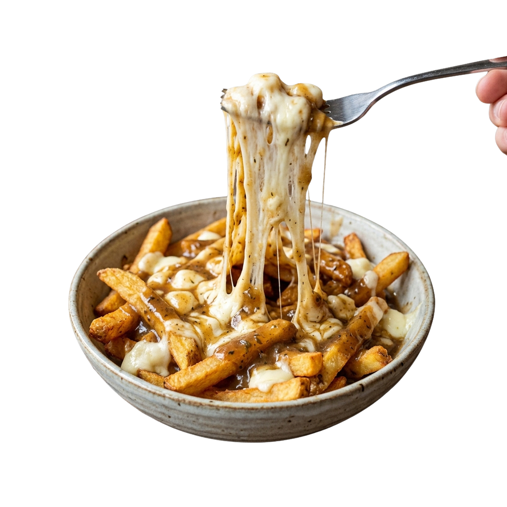 A bowl of golden fries topped with melted cheese sauce being lifted with a fork