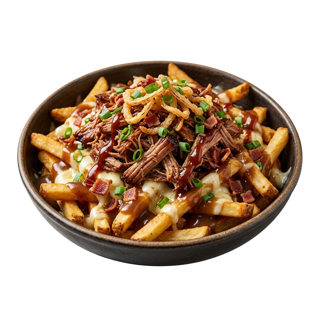 A plate of golden fries topped with pulled pork, bacon, onions, and cheese