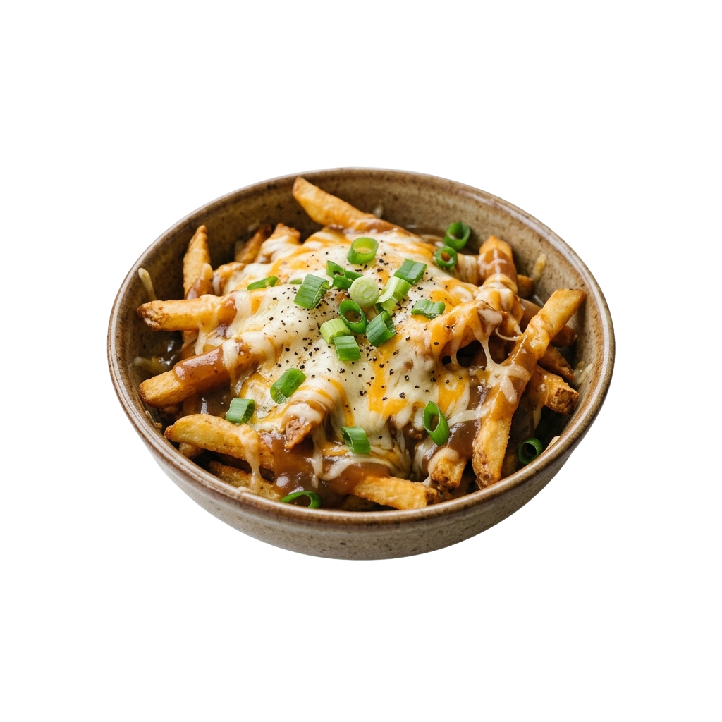 A ceramic bowl filled with cheesy loaded fries topped with melted cheese and chopped green onions