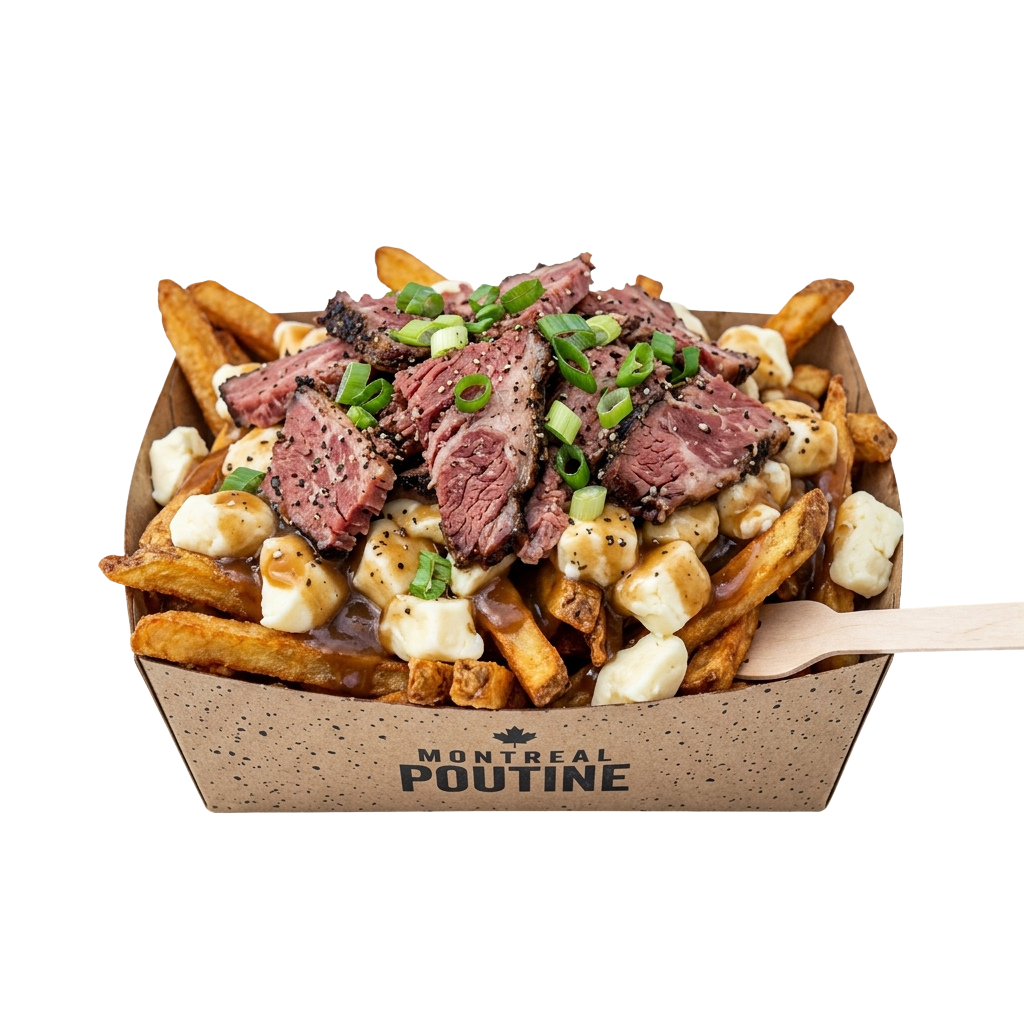 A cardboard box of poutine topped with sliced beef, cheese curds, green onions, and gravy