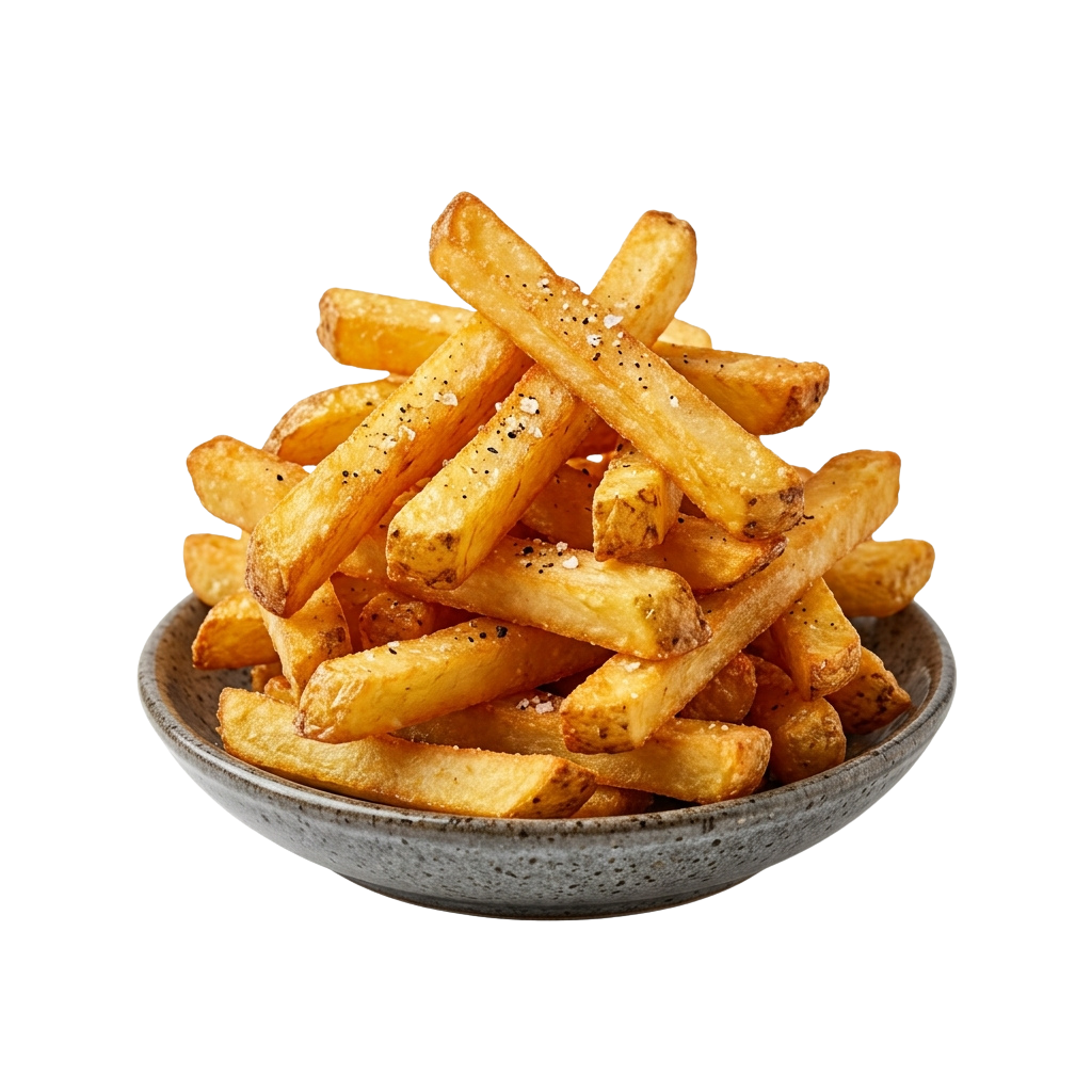A bowl filled with golden, seasoned French fries arranged neatly.