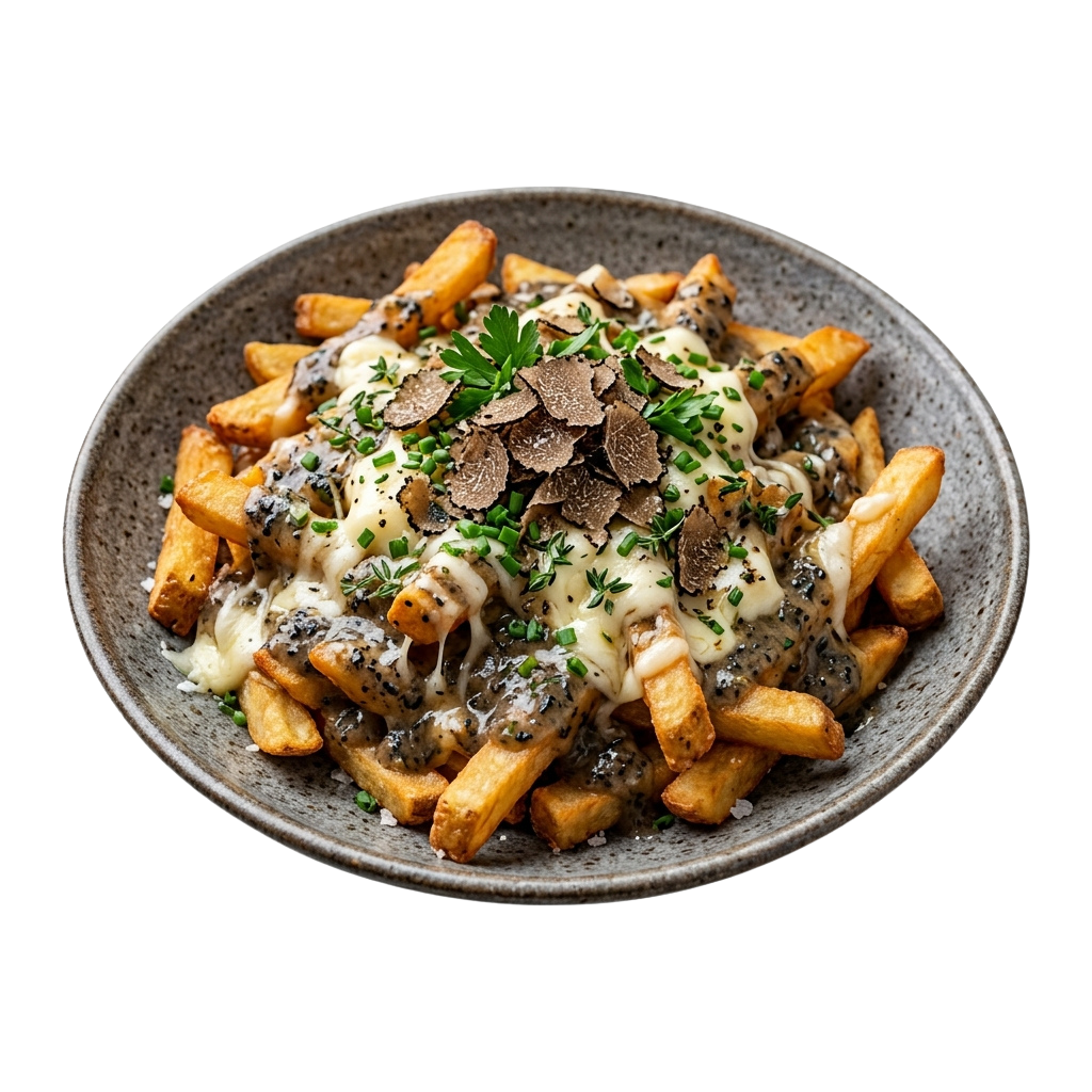 A plate of golden fries topped with creamy cheese sauce, truffle slices, and chopped herbs