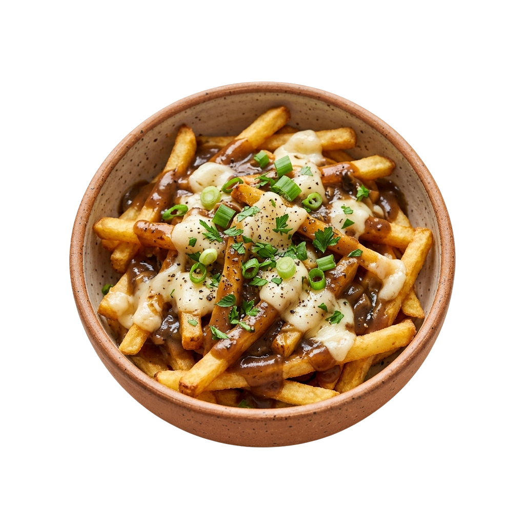 Bowl of cheese steak fries topped with melted cheese, onions, and green onions on a dark background