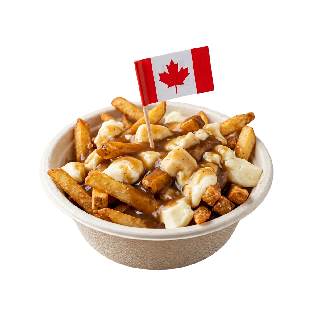 A bowl of poutine topped with a small Canadian flag