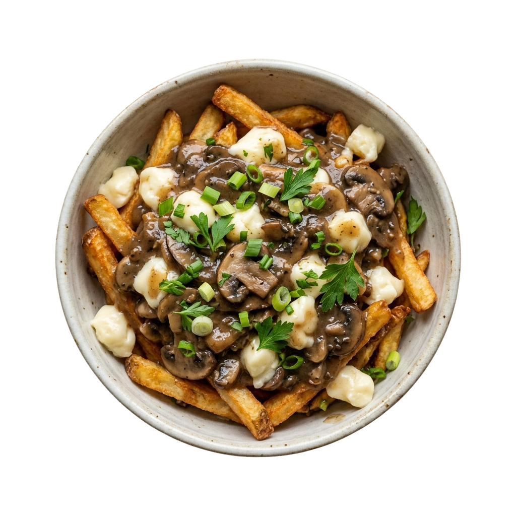 Bowl of golden fries topped with mushroom gravy, onions, and parsley garnish
