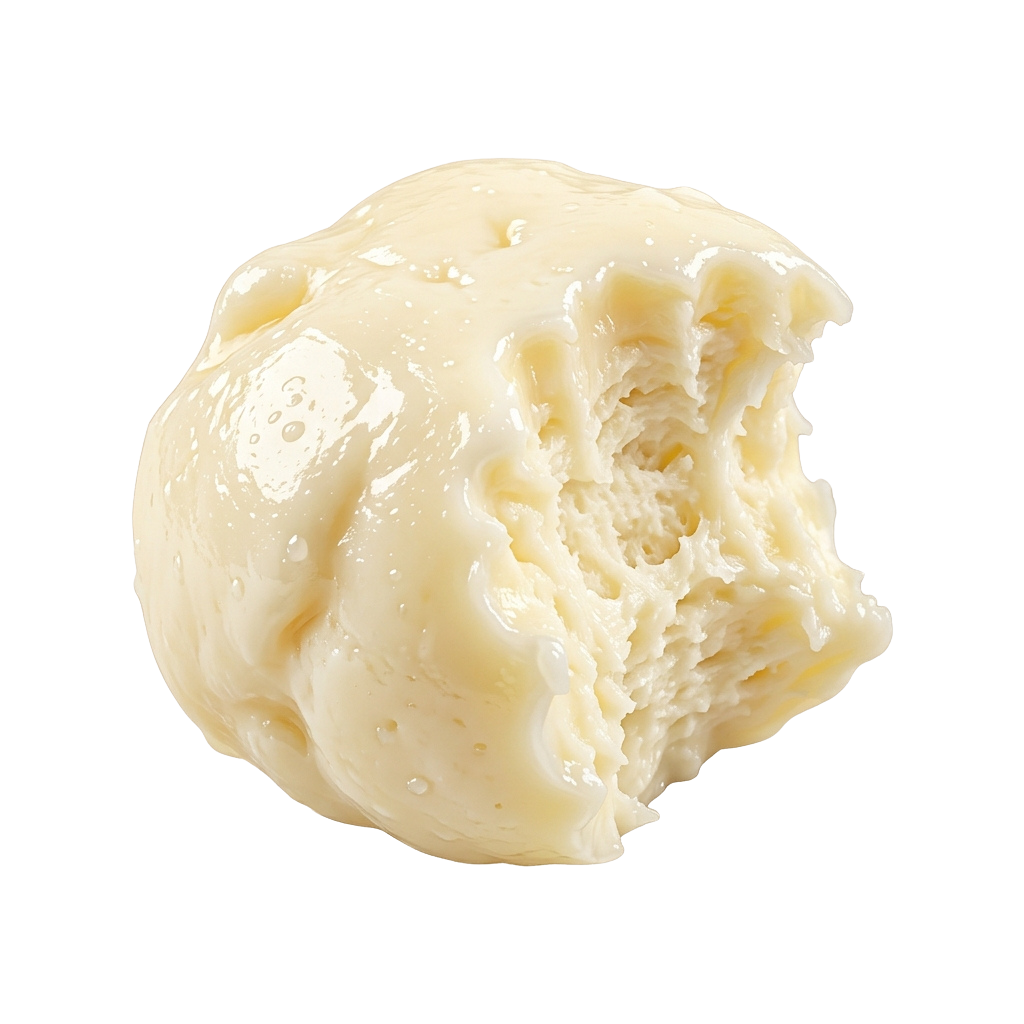 A close-up image of a soft, pale yellow cheese wedge with a slightly irregular surface and a hollow center.