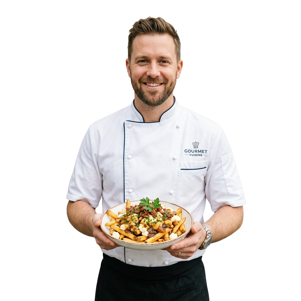 Smiling chef in white uniform holding a plate of gourmet fries with toppings and parsley garnish