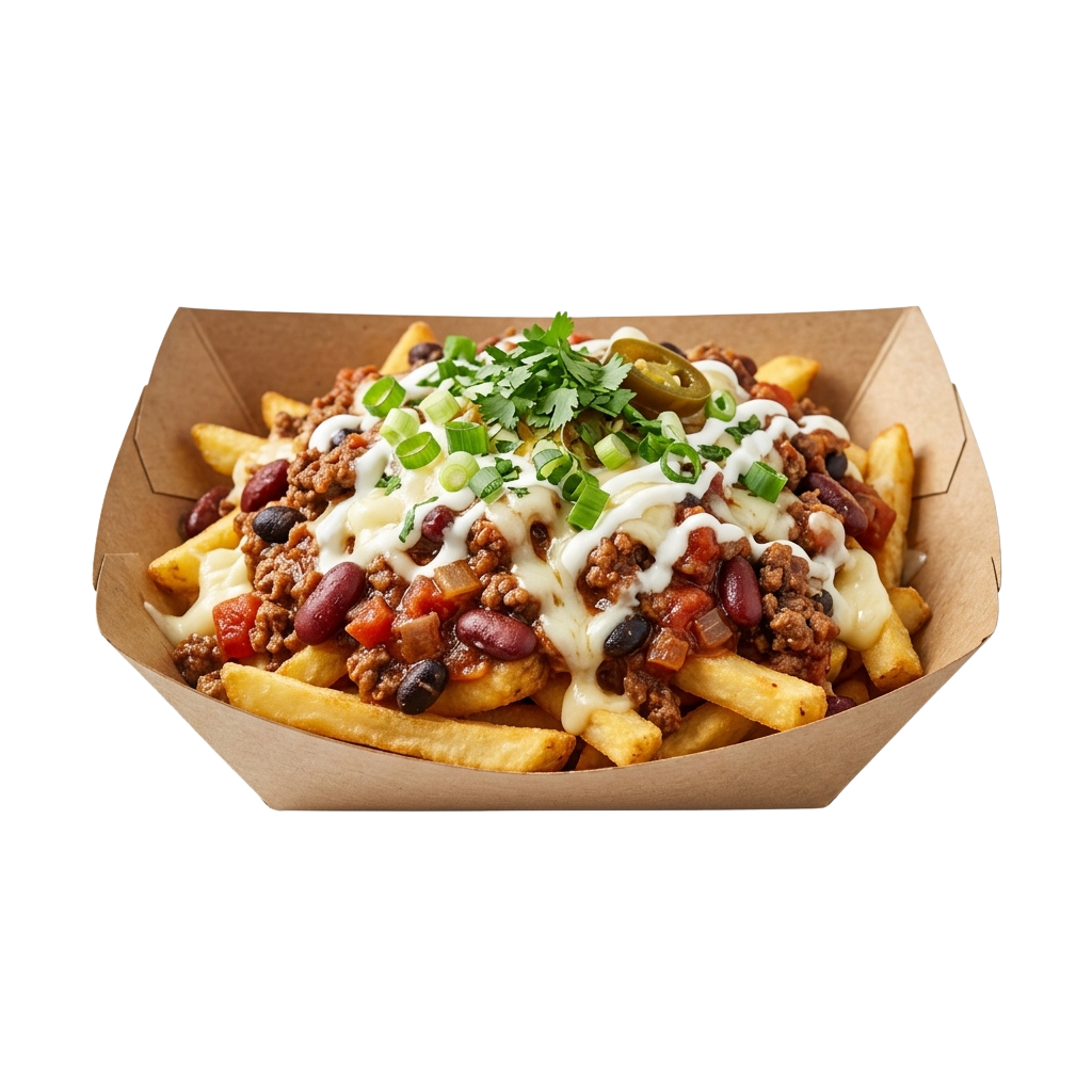 Loaded cheese fries topped with chili, beans, onions, jalapenos, and sour cream in a cardboard basket