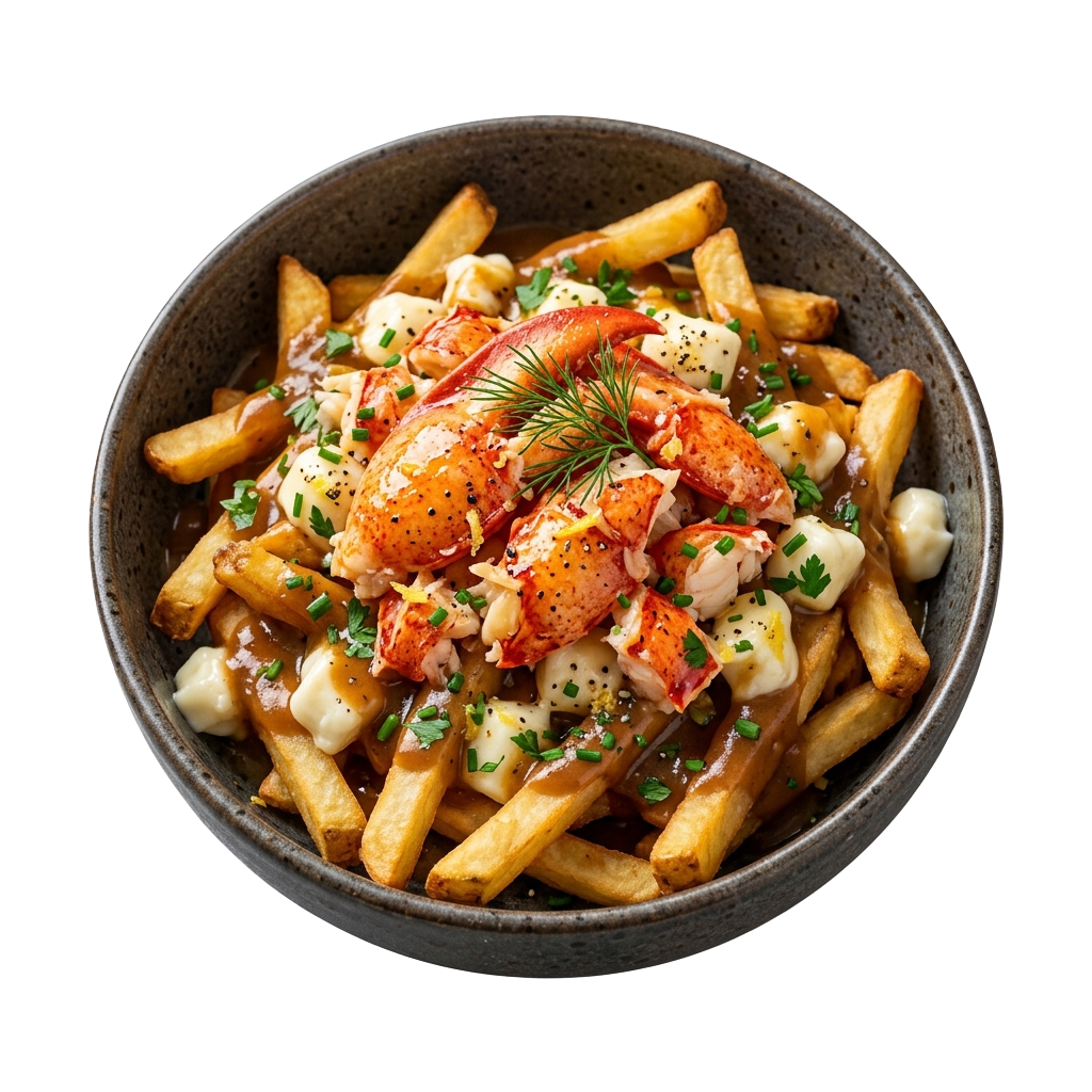 A bowl of golden fries topped with cooked lobster meat, melted cheese, and garnished with green herbs on a dark plate.