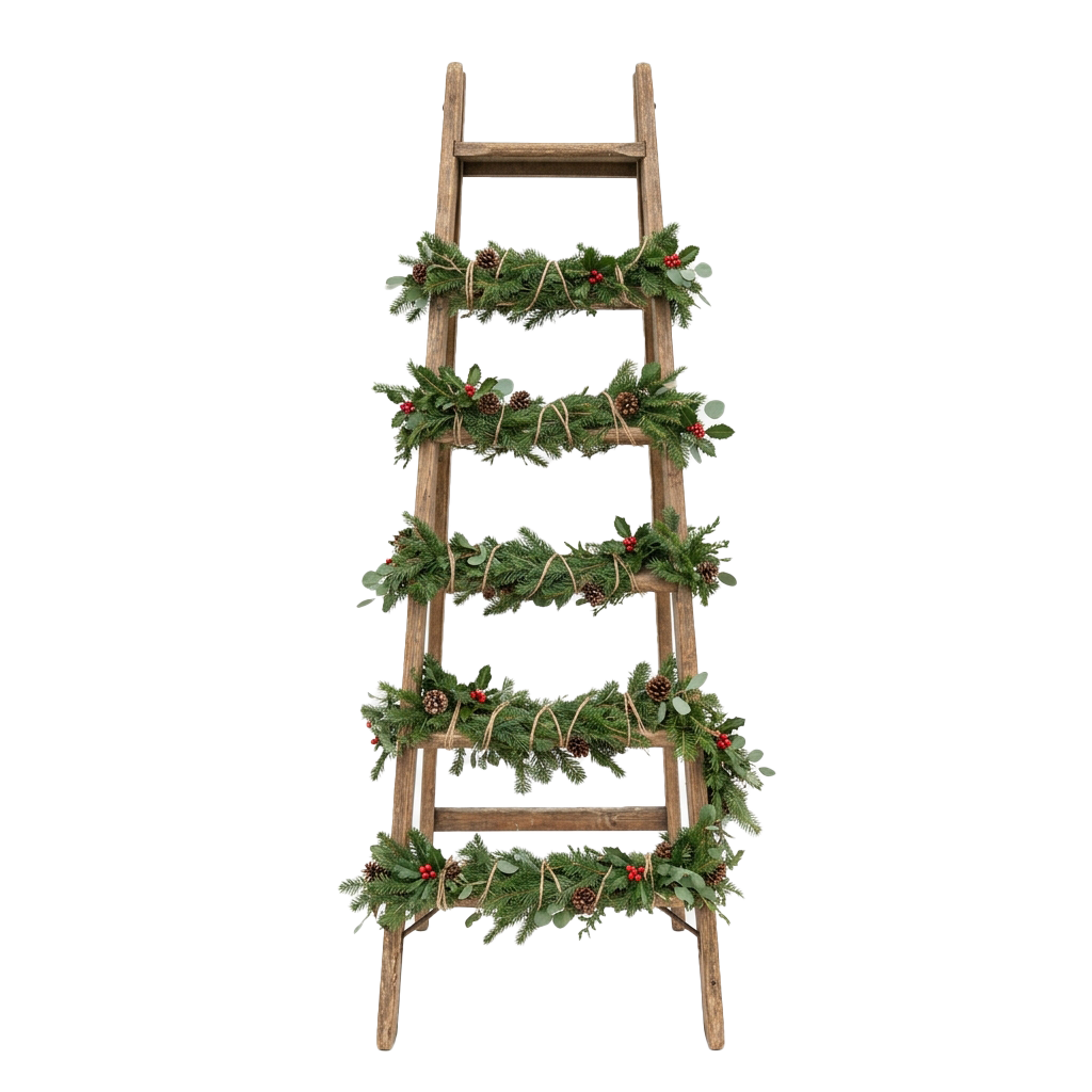 A wooden ladder decorated with frosted evergreen garlands and pine cones on each rung