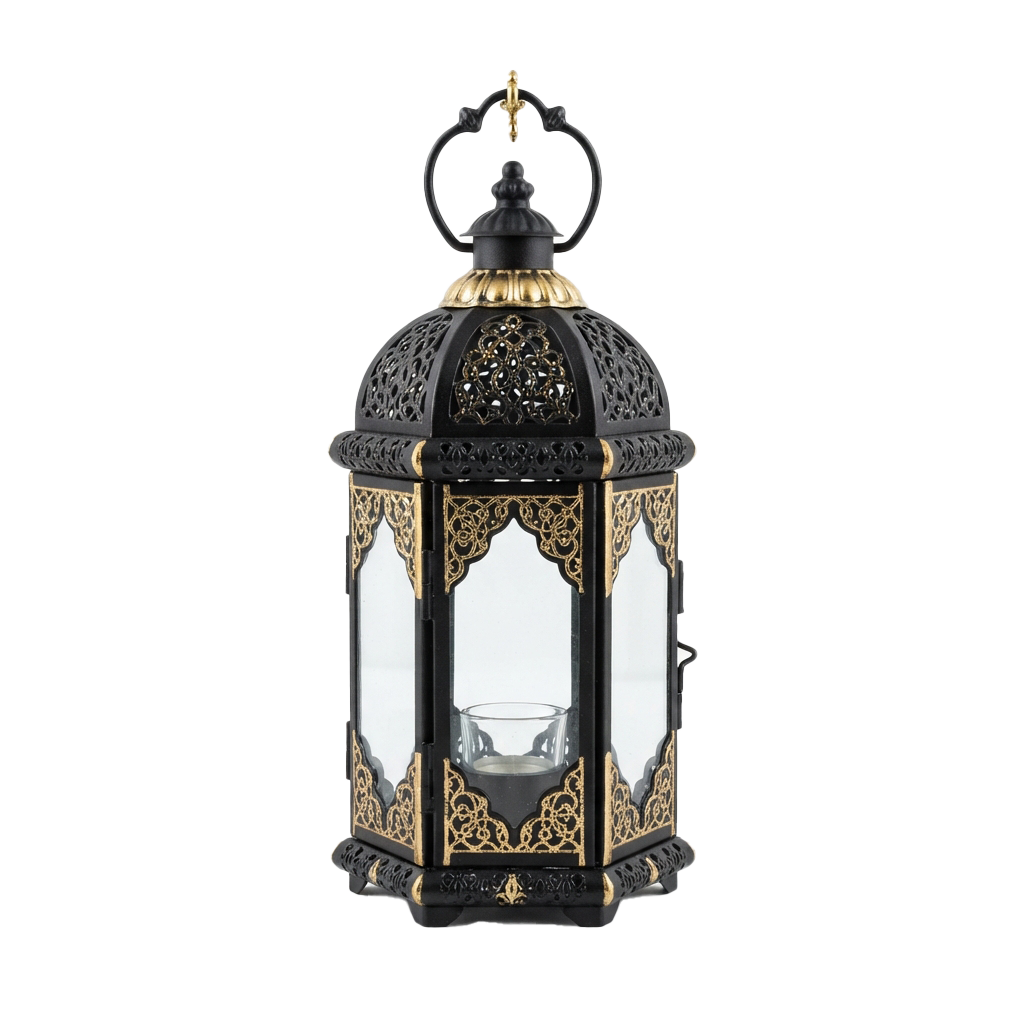 Decorative lantern featuring black metal with gold accents and intricate patterns, illuminated from inside