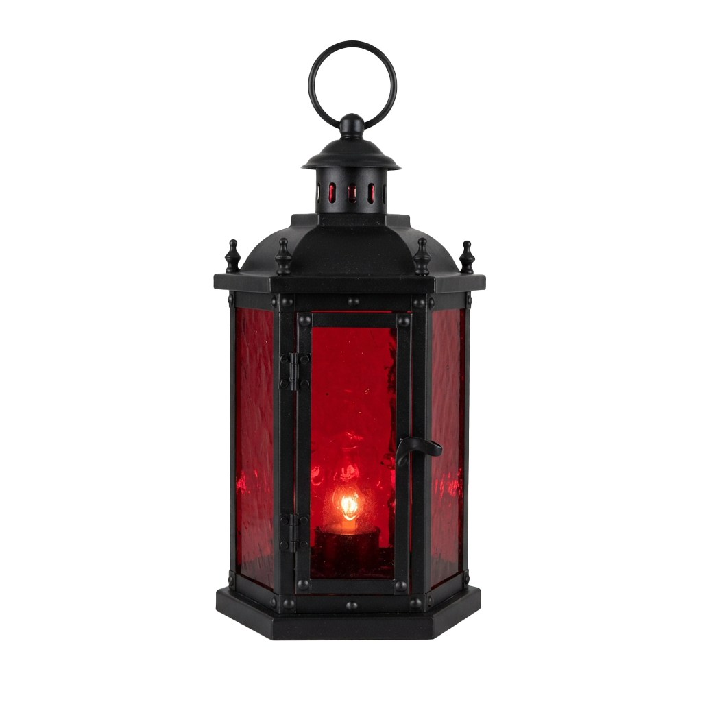 Black metal lantern with red glass panels emitting warm red light inside
