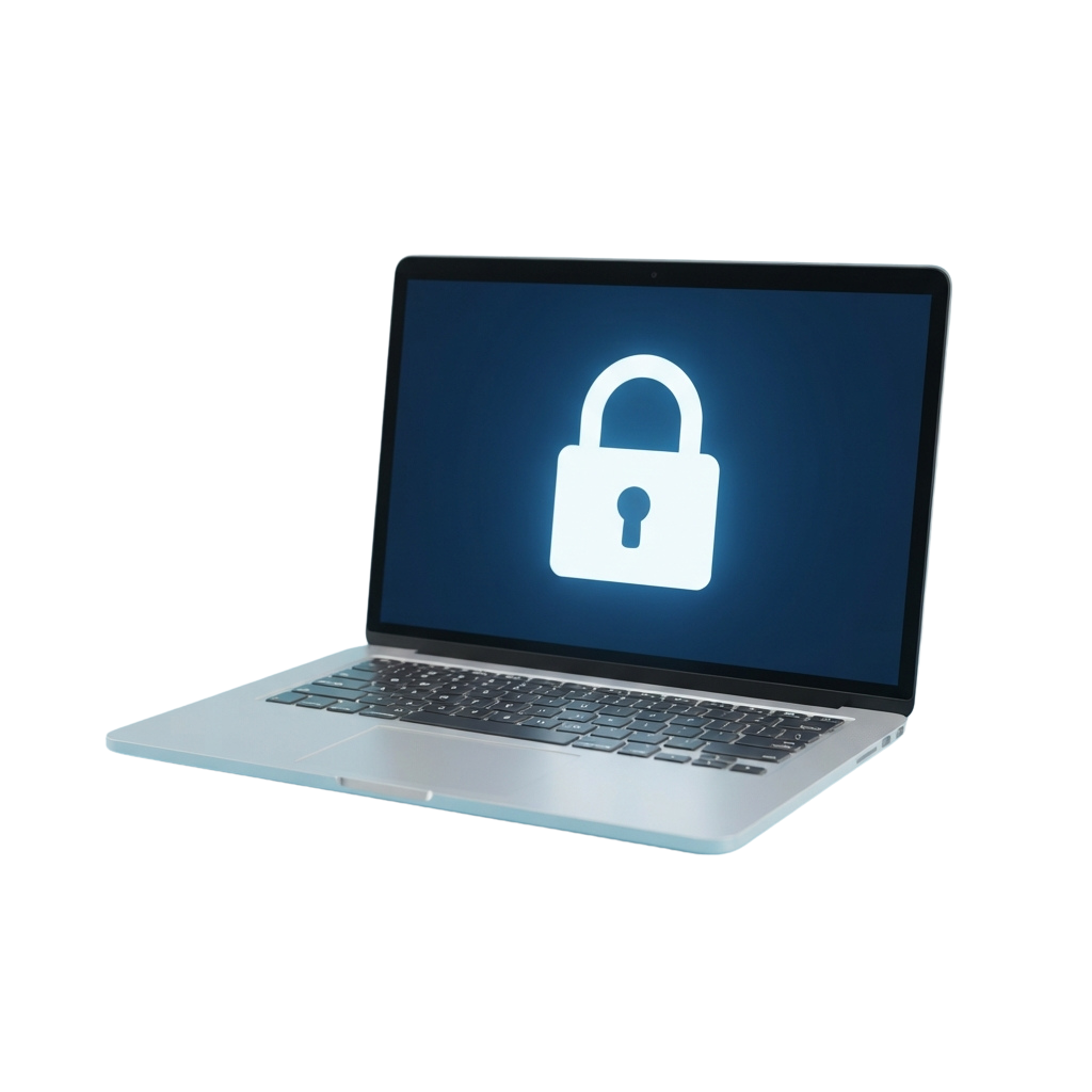 Laptop screen displaying a glowing padlock symbol on a dark blue background