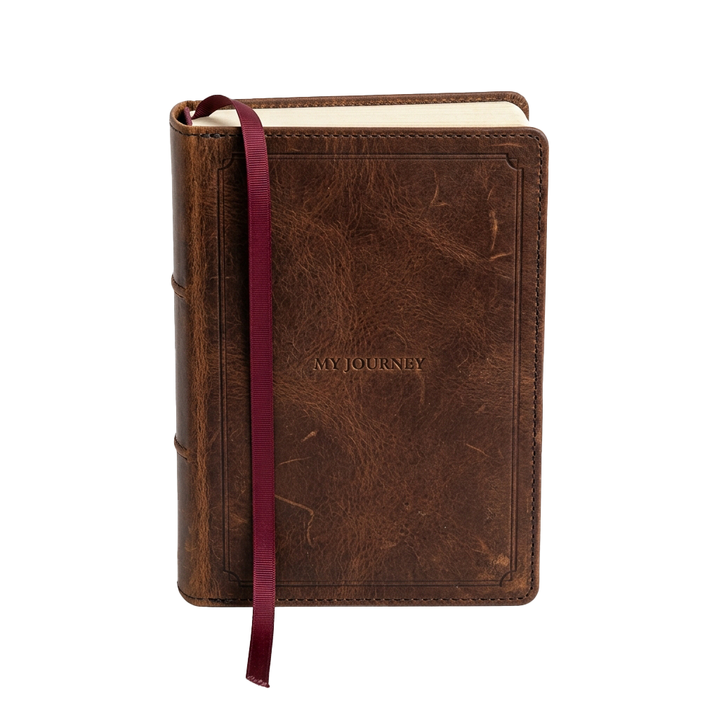 A brown leather-bound journal with a marbled texture and a burgundy ribbon bookmark, labeled My Journey on the cover