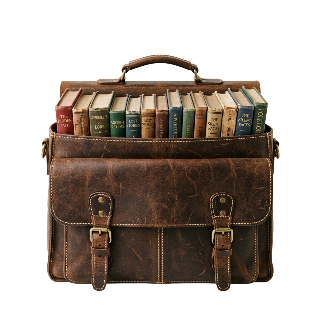 A brown leather briefcase filled with various old books, standing upright against a dark background