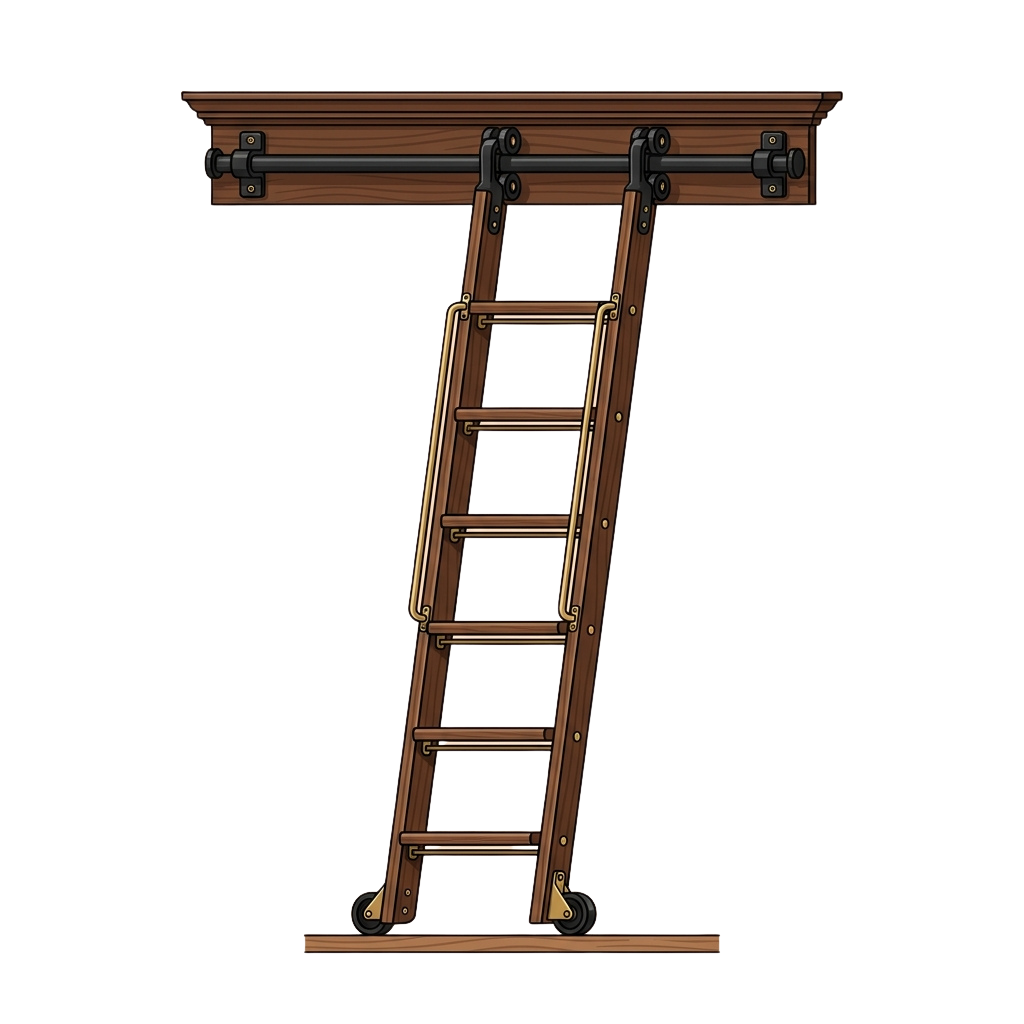 A wooden attic ladder with metal side rails and hinged support bar for stability