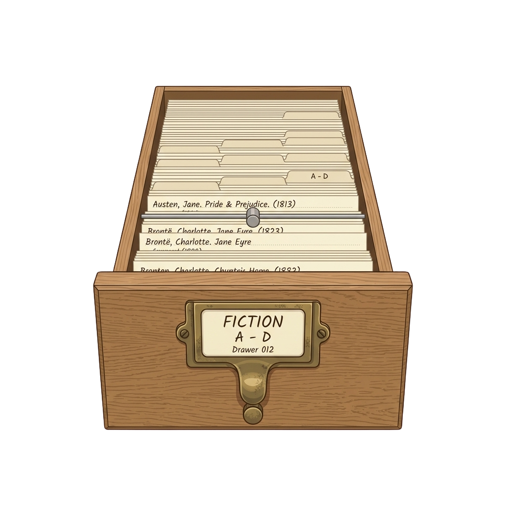 Open wooden drawer labeled Fiction A-D with book titles listed inside