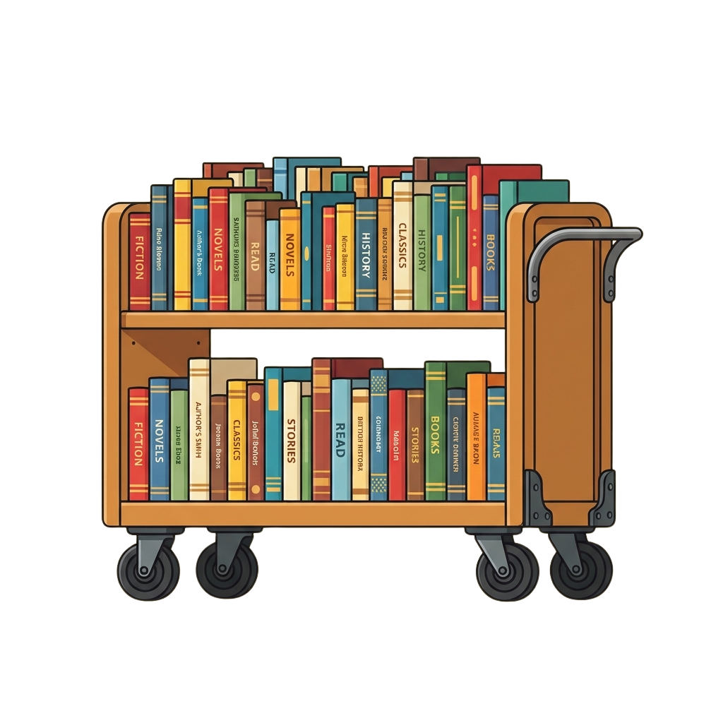 A mobile book cart filled with books categorized by genre like fiction, novels, history, and classics