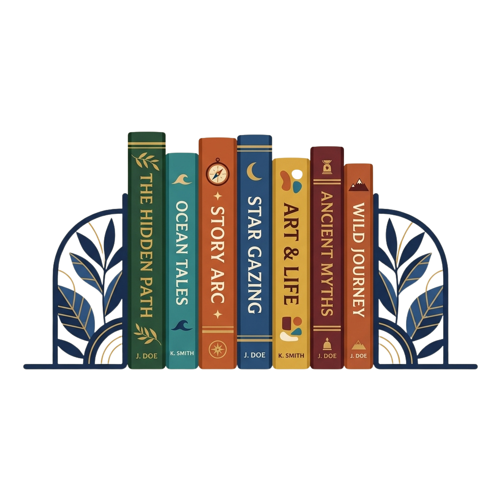 Illustration of bookends holding seven colorful books with different titles and designs
