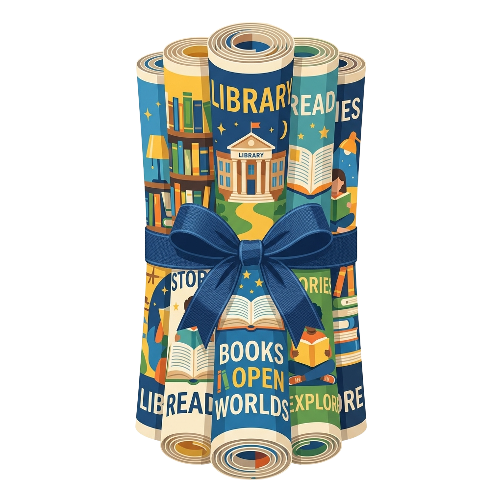 Stack of wrapped books tied with a blue ribbon featuring library and reading illustrations