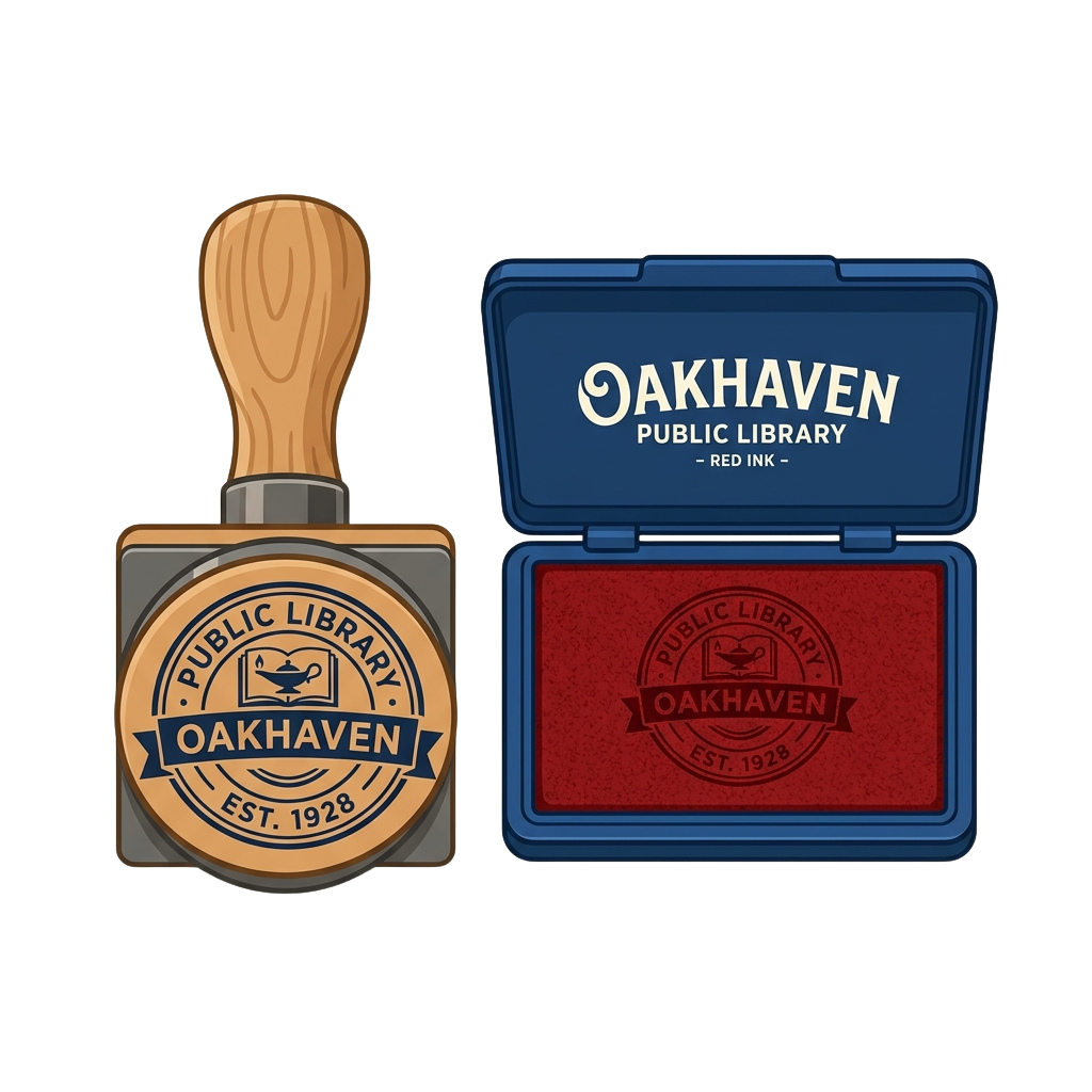 A wooden-handled stamp and matching blue ink pad case labeled Oakhaven Public Library with red ink pad inside.