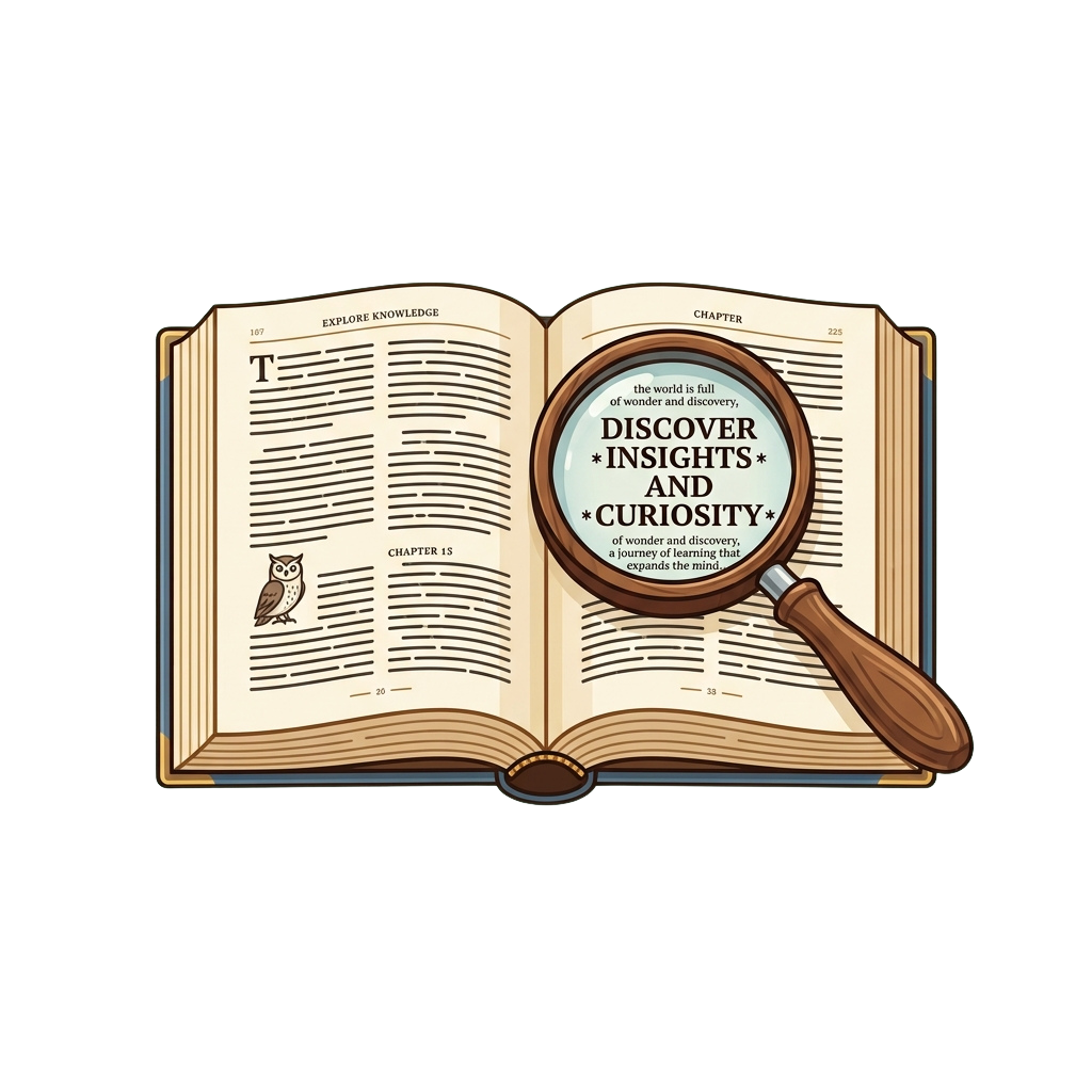 Illustration of an open book with a magnifying glass focusing on text about discovery, insights, and curiosity