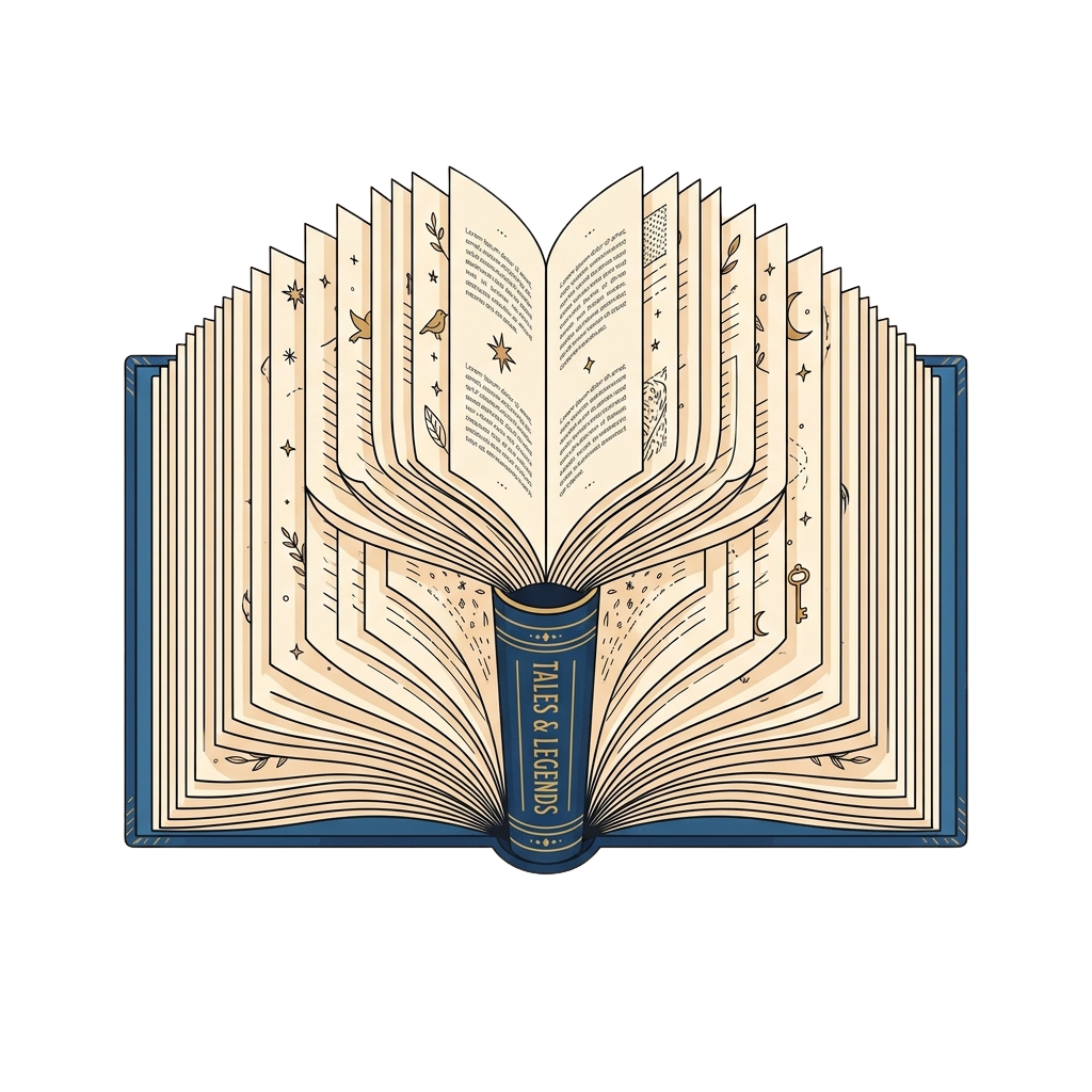 An open book with intricate illustrations of fantasy elements like stars, birds, and keys on its pages.