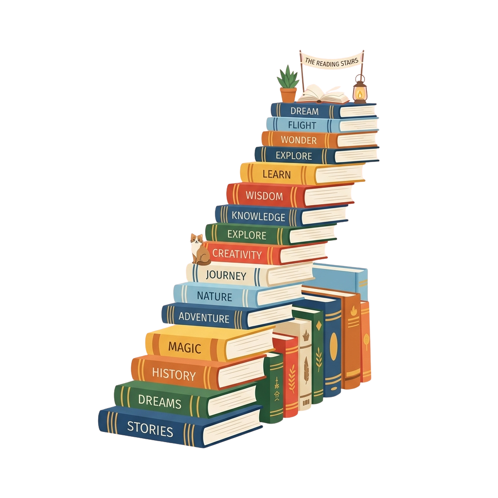 Colorful stack of books forming stairs labeled with themes like dream, adventure, and wisdom