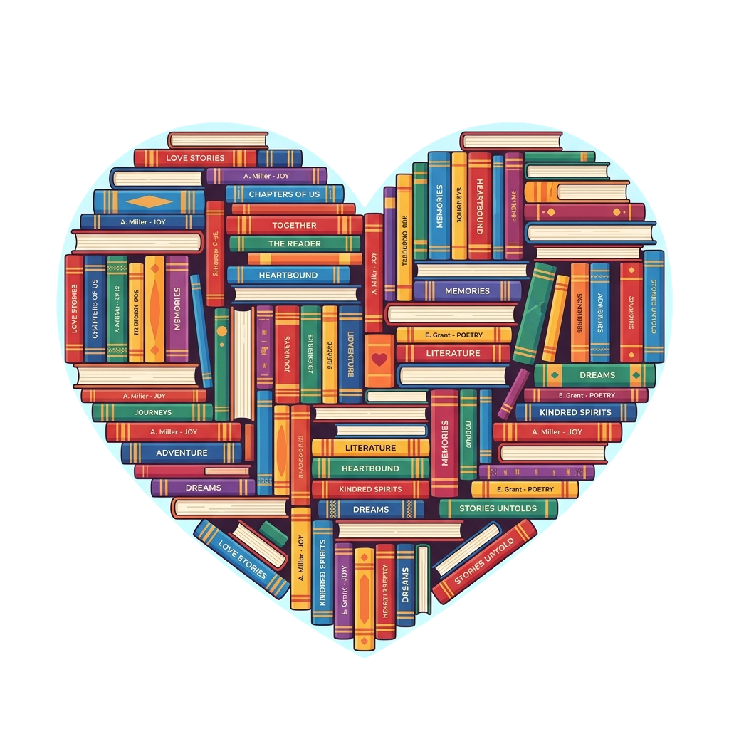 Colorful heart made of books with titles like Love Stories, Journeys, and Poetry