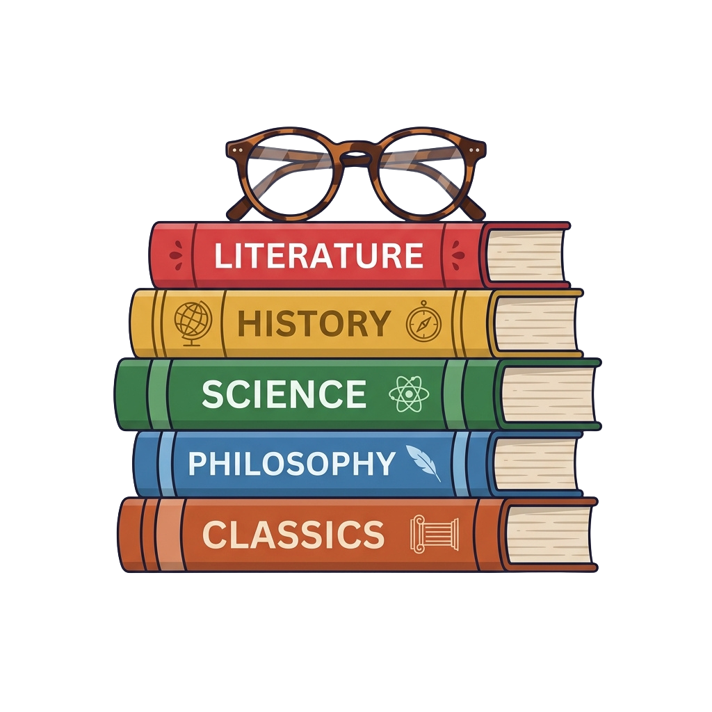 Five colorful books stacked with labels Literature, History, Science, Philosophy, Classics and glasses on top